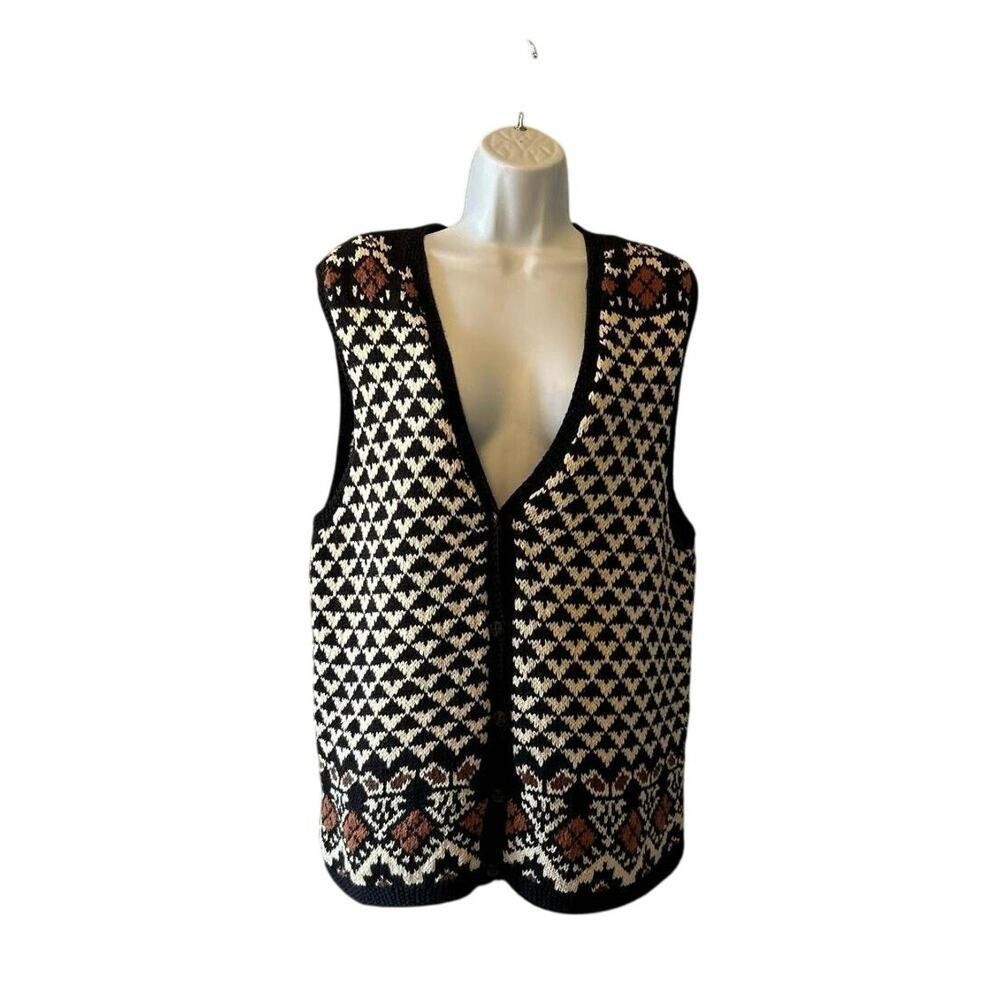 Vtg Blk Wht Brn Sweater Vest, Women’s M, Marsh Landing Hand Knits